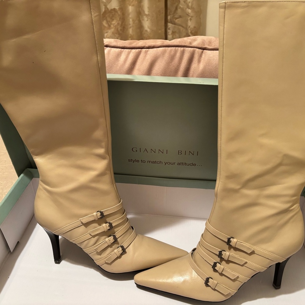 Gianni Bini Beige Heeled Boots with Buckle Detail